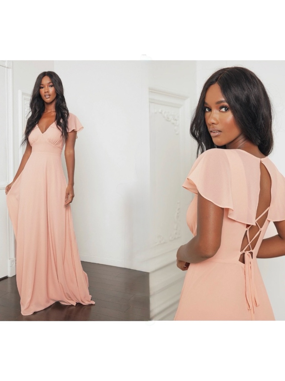 NWT Lulus Heart of Passion Blush Pink Flutter Sleeve Lace-Up Maxi Dress S